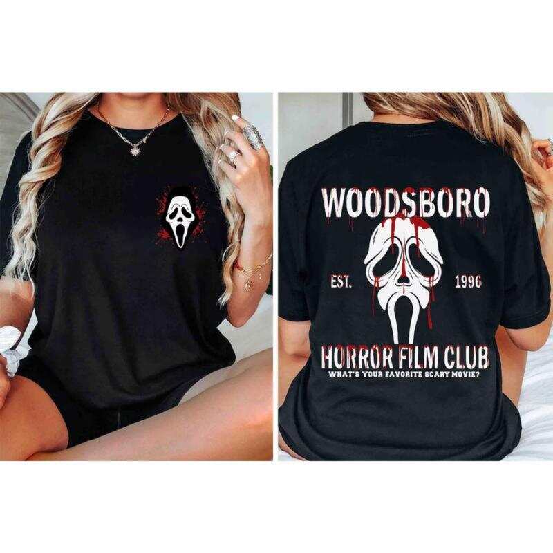 

Woodsboro Film Club unisex T-shirts, unisex Halloween retro T-shirts with scary faces. M