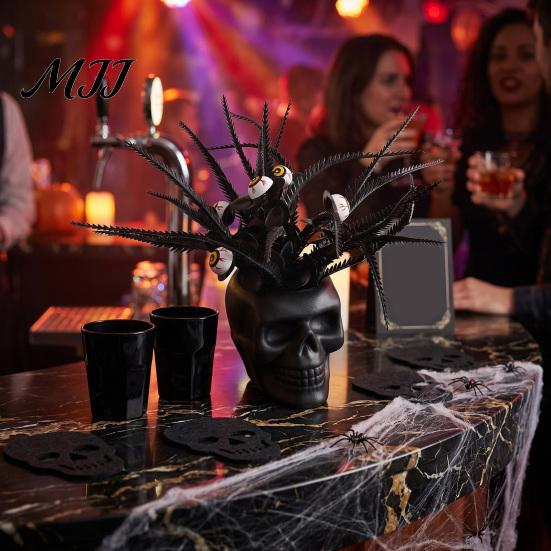 Durable Plastic Skull Spooky Figurine, Black Red Rose Creepy Eyeballs Skeleton Halloween Ornament Table Centerpiece for Tabletop, Desk, Mantel, Shelf,