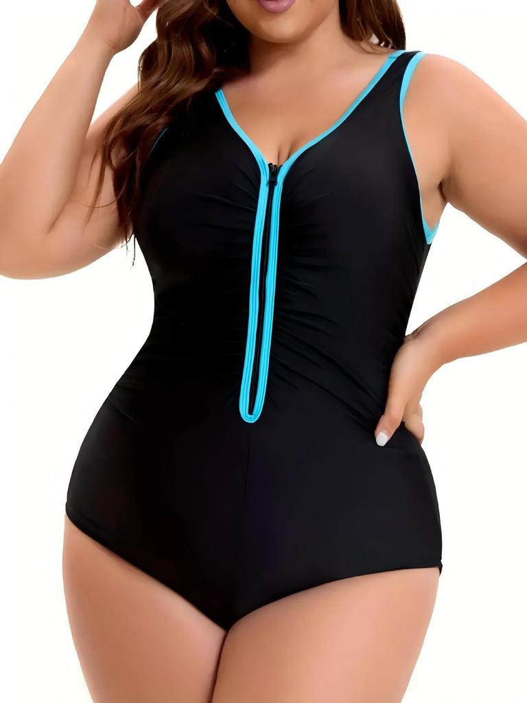 Plus Size Black & Blue Color Block Swimsuit with Front Zipper – Slimming, Waist-Cinching, Tummy-Concealing for Hot Springs