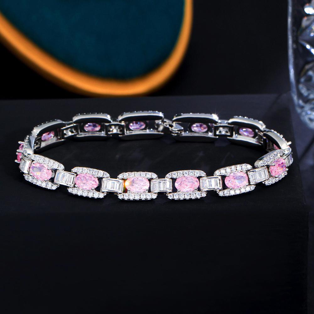 ThreeGraces Shiny Pink White Cubic Zirconia Bridal Wedding Cuban Chain Bracelet for Women New Trendy Party Costume Jewelry BR265