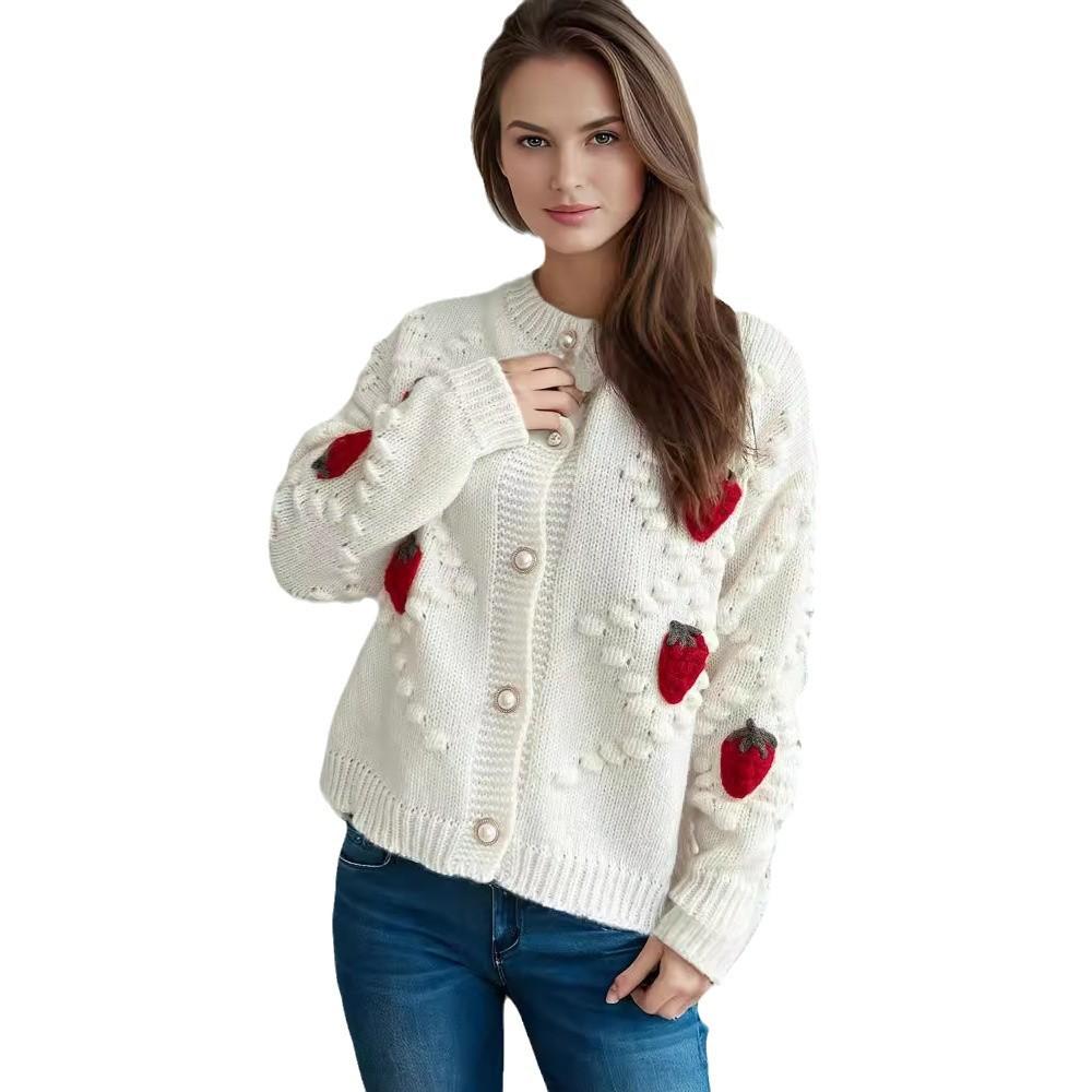 Autumn and winter hook flower embroidery three-dimensional strawberry Fried Dough Twists pearl button knitting sweater cardigan coat 3520 EMA