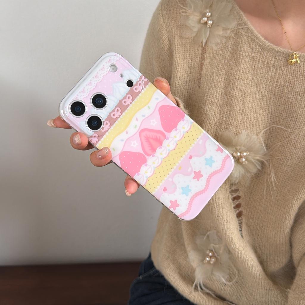 Sweet Cute Girl Series Lace Bowknot Cream Strawberry Cake Stars Shock Proof Phone Cover Case for iPhone 17 16 15 14 Pro Max