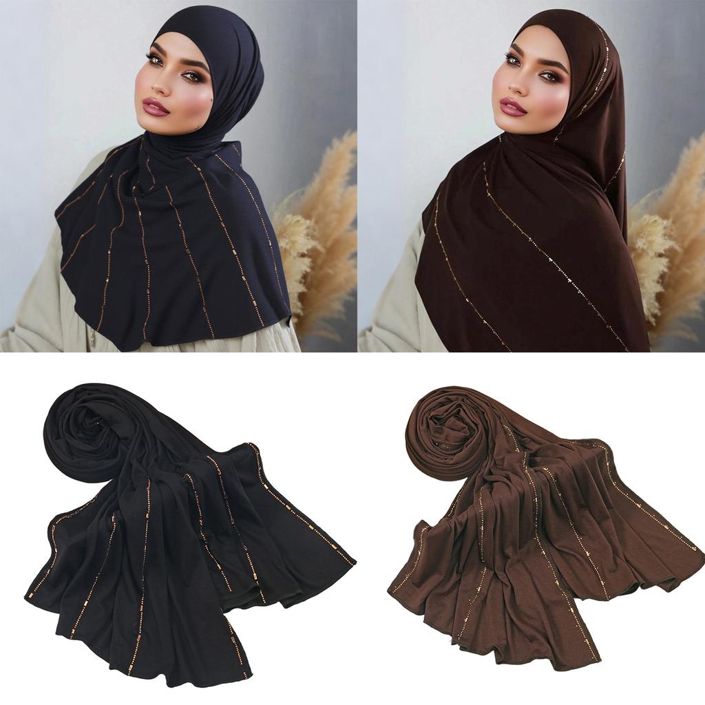 Shimmering Rhinestones Trimmed Womens Head Scarf Premium Silk Cotton Fabric Multifunctional Neck Wrap Fashion Accessory