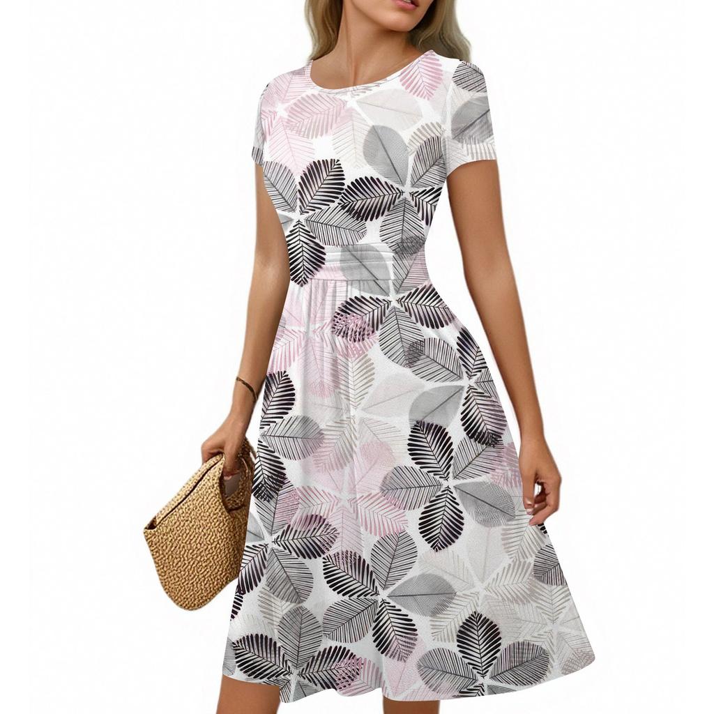 Women's Casual Fashion Round Neck Pleated Short Sleeve Retro Floral A-Line Midi Dress