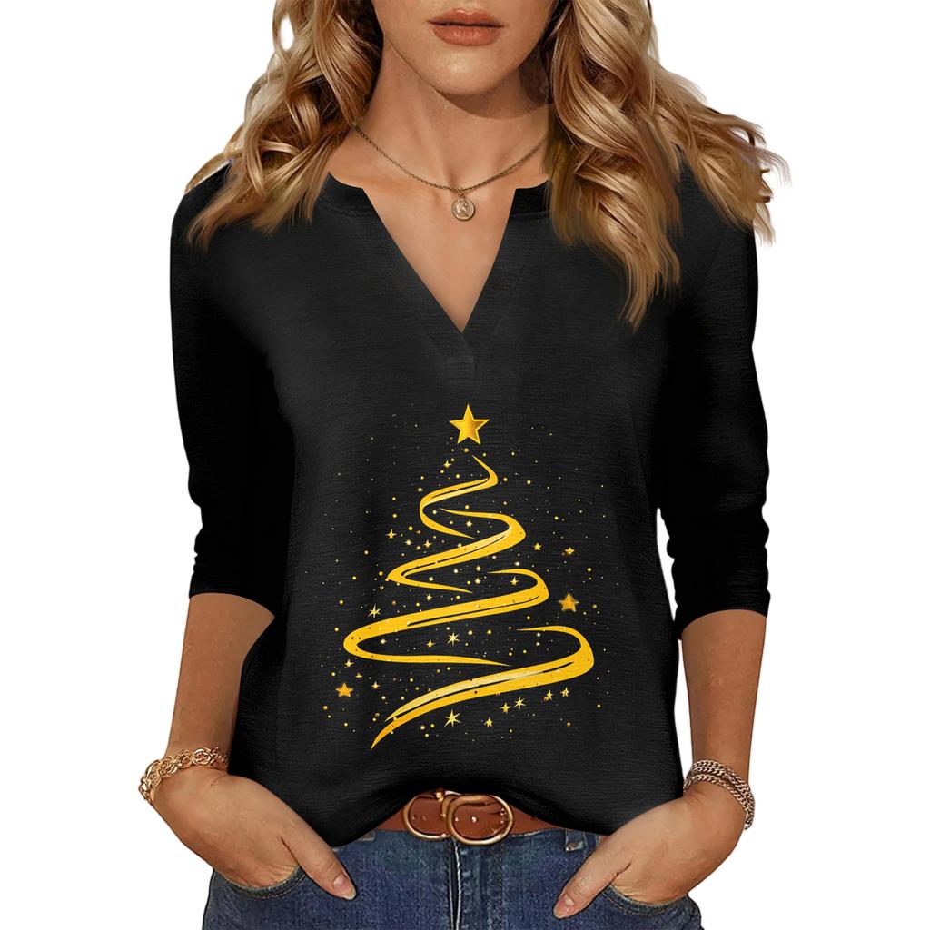 Women's Casual Fashionable Sexy Comfortable V-Neck Christmas Three-Quarter Sleeve Top