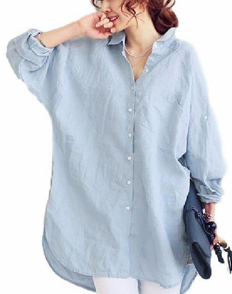 

[Petit de Francais] Long Shirt Tunic Linen Blouse Dolman Long Sleeve Plain Loose Fit Plus Size Simple Women s (Light Blue, 03 L)