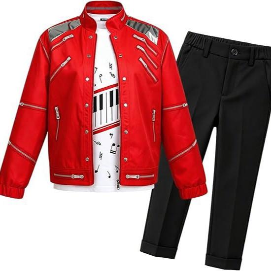 Michael Jackson Performance Costume Threepiece Red Leather Cosplay For Children
