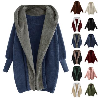 Women's Fashion Loose Vintage Warm Solid Color Long Sleeve Hooded Loose Plush Coat
