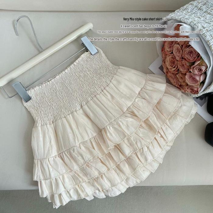 Cream White Lace High-Waist Short Skirt for Women - Summer Slimming Design, Fluffy Versatile Large абрикосовый