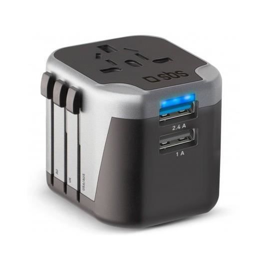 Adaptateur de voyage - SBS - TEADAPT2USBUNI - Universel - 12 W - 4 fiches (UE, UK, ES, AUS)