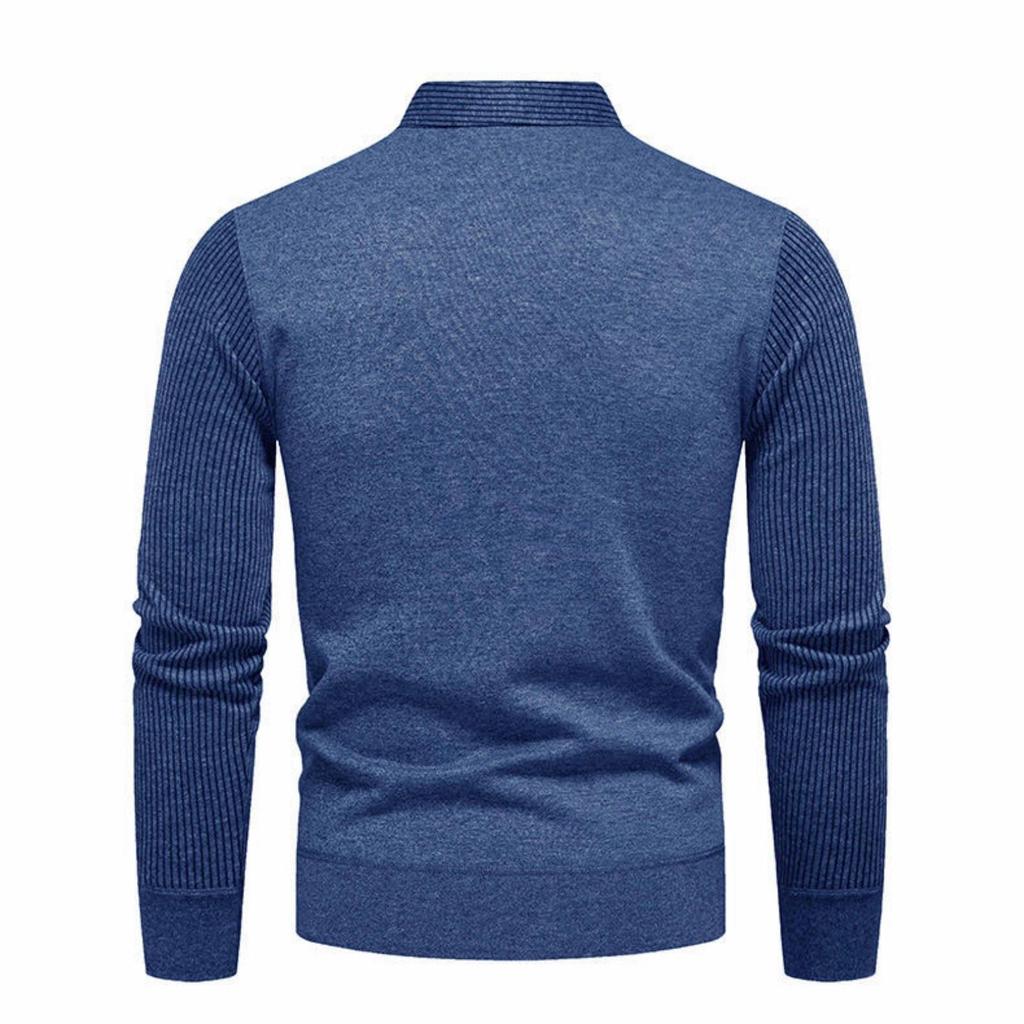 Men's Solid-color Casual Faux Two-piece Striped Pullover Knitted Sweater, Men's Square-neck Long-sleeved Knitted Warm Sweater