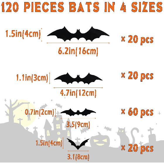 Halloween Decorations, 120PCS Bats Halloween Decor Indoor Outdoor, Realistic PVC 3D Black Scary Bat Stickers Wall Decor for Party Decorations