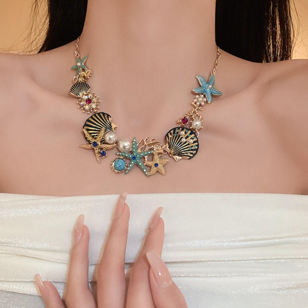 Exquisite Marine Style Nekclace Earrings Sweet Beach Jewelry Textured Starfish Shell Necklace  Gift