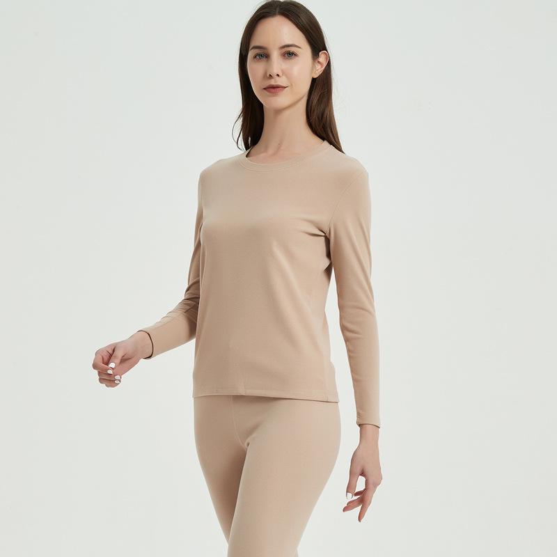 Solid Color Double-Sided Brushed Warm Base Layer Set for Women & Men - Round Neck Top & Pants for Autumn