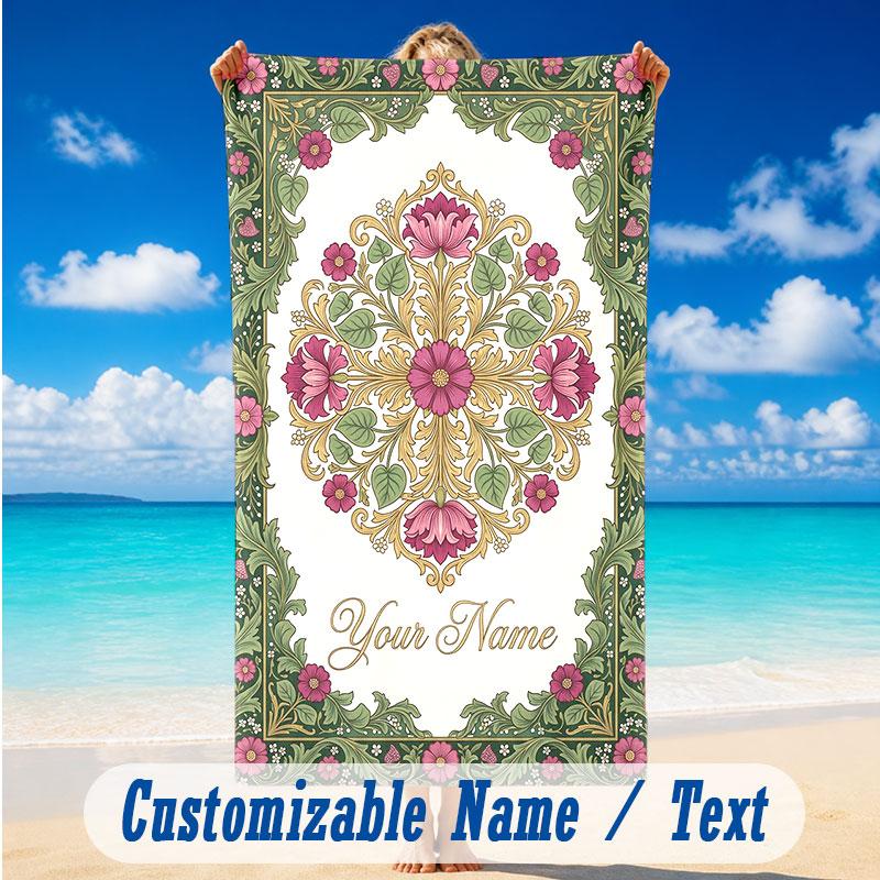 Floral Garden Theme Beach Towel Personalized Custom Name & Text Soft Quick Dry Beach Towel for Swimming Travel
