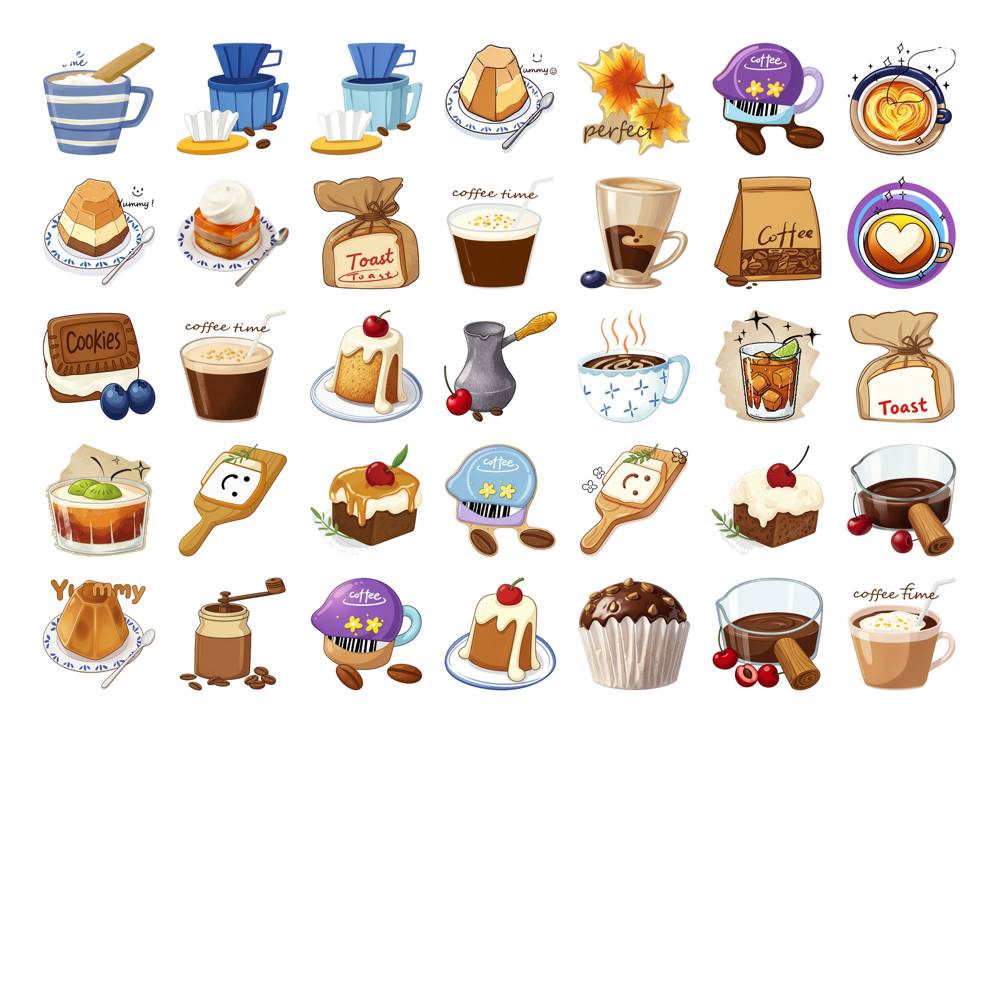 35pcs-50pcs Cute Dessert Stickers Whimsical Kitchen Coffee Stickers Stationery Stickers For Guitar Laptop Helmet Skateboard DIY