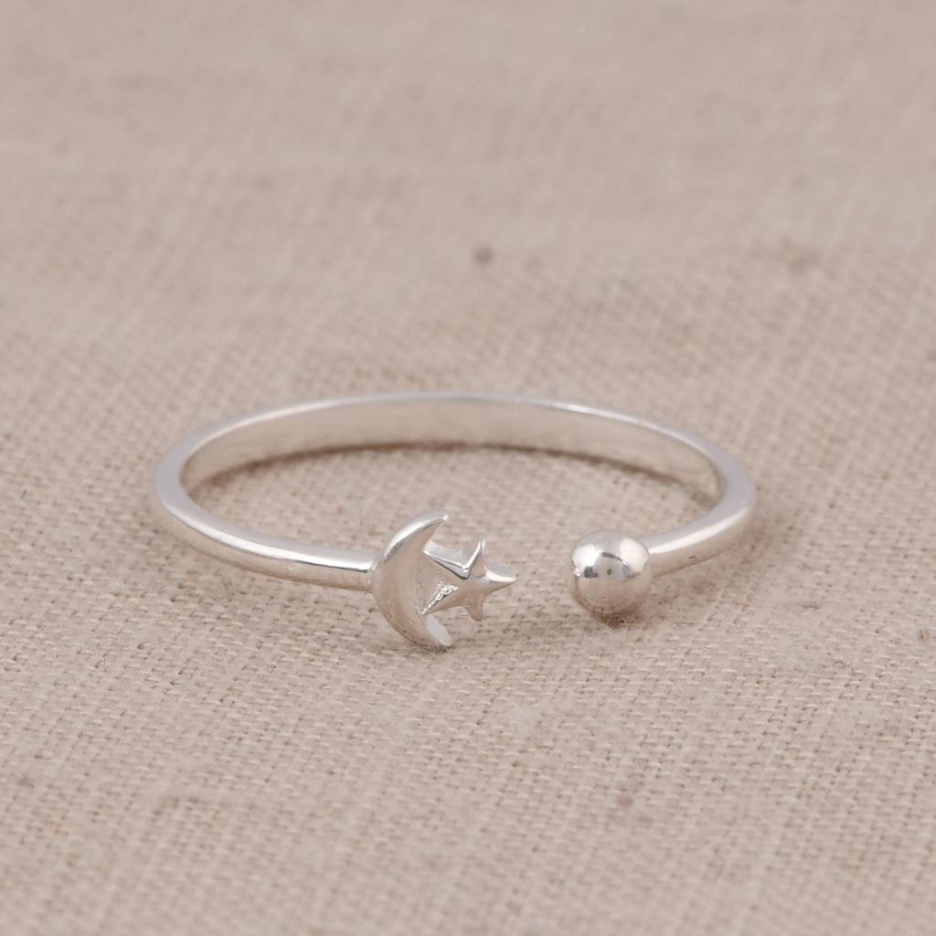 Moon and Star Ring, 925 Sterling Silver Celestial Ring, Minimalist Moon Star Open Ring, Dainty Adjustable Silver Ring, Celestial Jewelry Gift