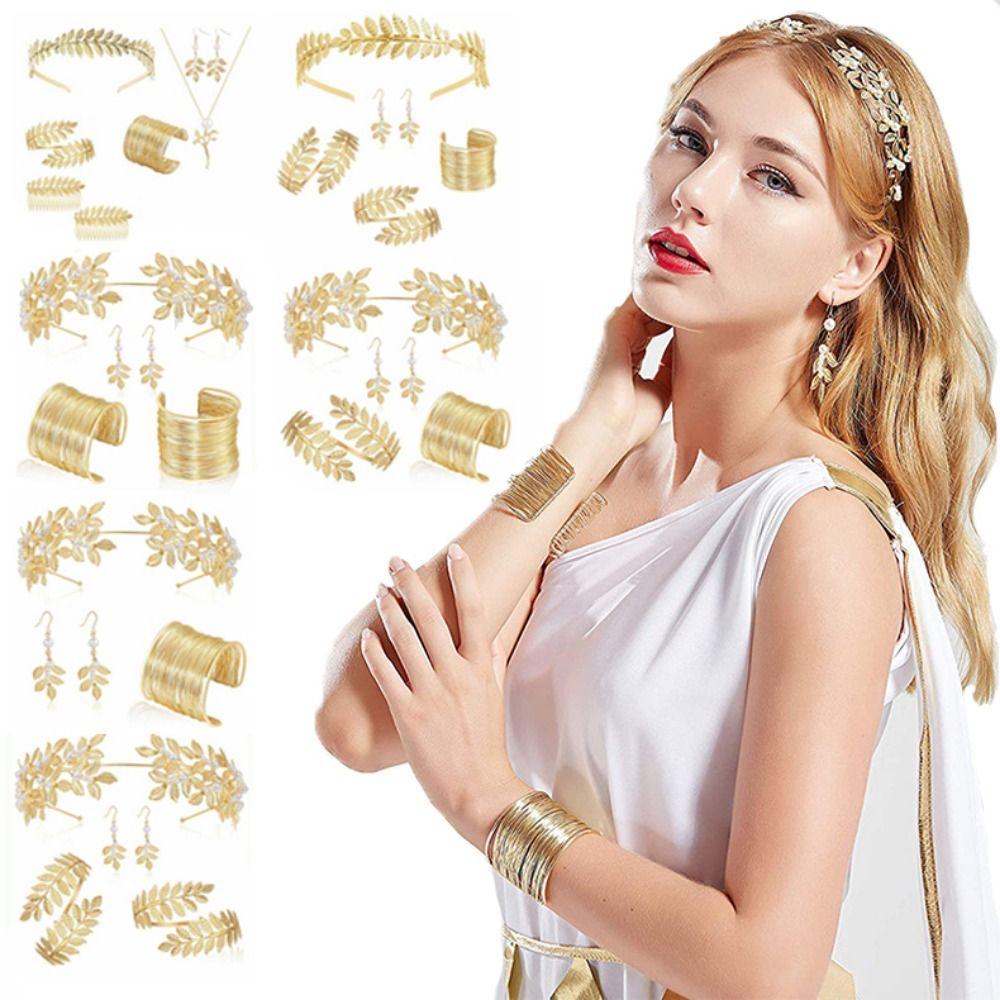Baroque Women's Wedding Jewelry Set Bridal Earrings Gold Greek Goddess Hair Jewelry Upper Arm Cuffs Hair Headbands