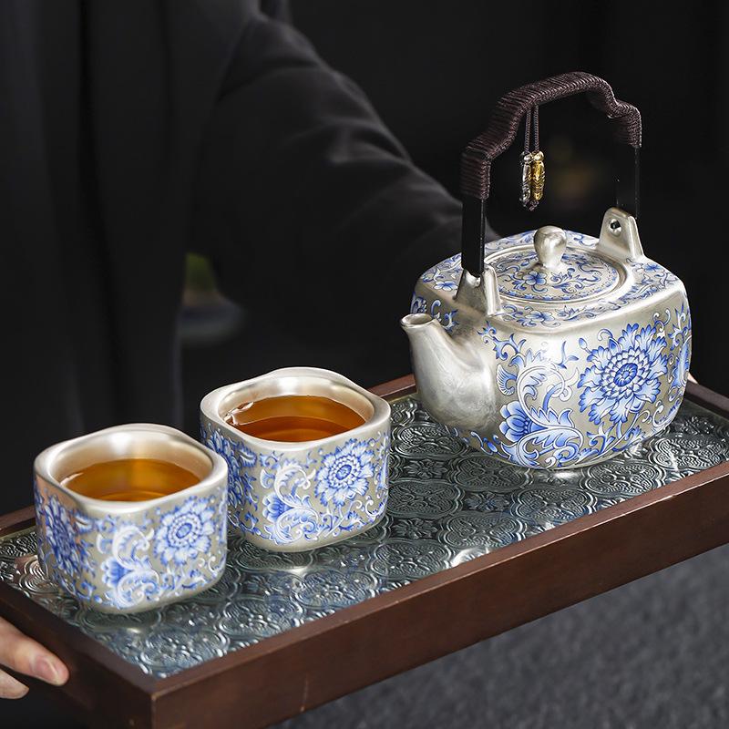 Antique Silver-Gilded Porcelain Teapot Set: Perfect Gift for Leaders, Housewarmings, Business Occasions, Souvenirs, and High-End Ceramics Lovers.
