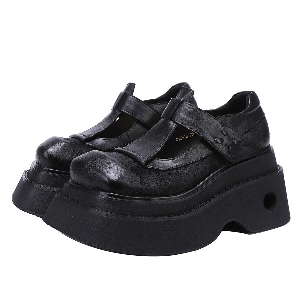 Johnature Vintage Pumps mit dicker Sohle und quadratischer Zehenpartie aus echtem Leder, Plateauschuhe für Damen