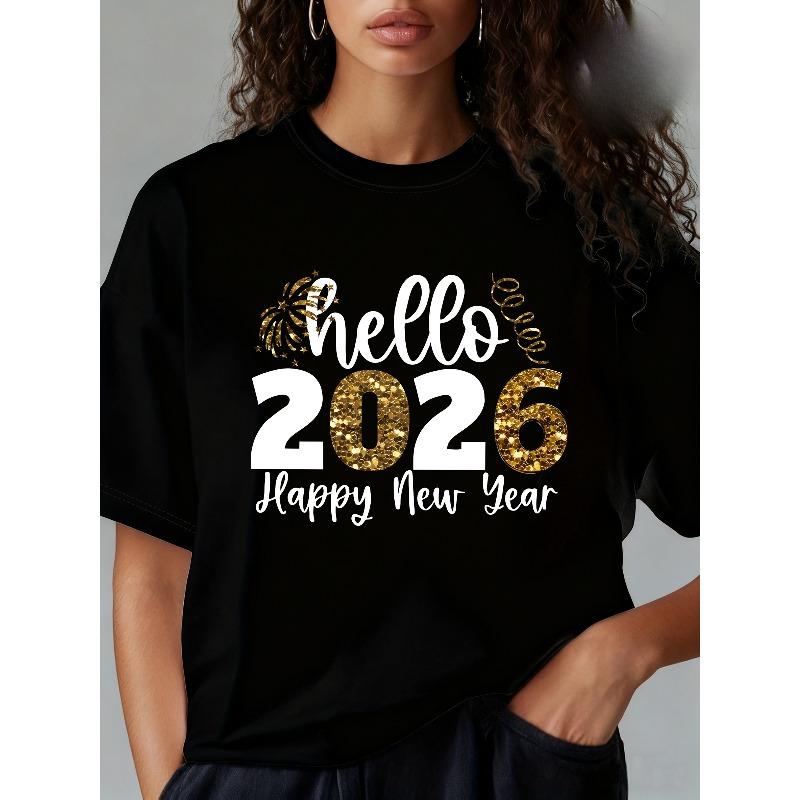 Women's Hello T-shirt, Hello Happy New Year Graphic Print T-Shirt, Women's Loose Casual Round Neck Short Sleeve Tee,