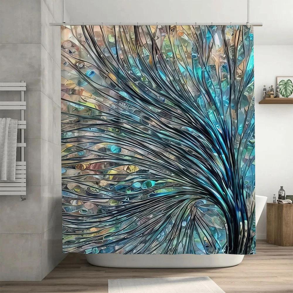Modern Peacock Feather Pattern Shower Curtain Decorative Waterproof Bath Mat Tiled Bathroom Accessories