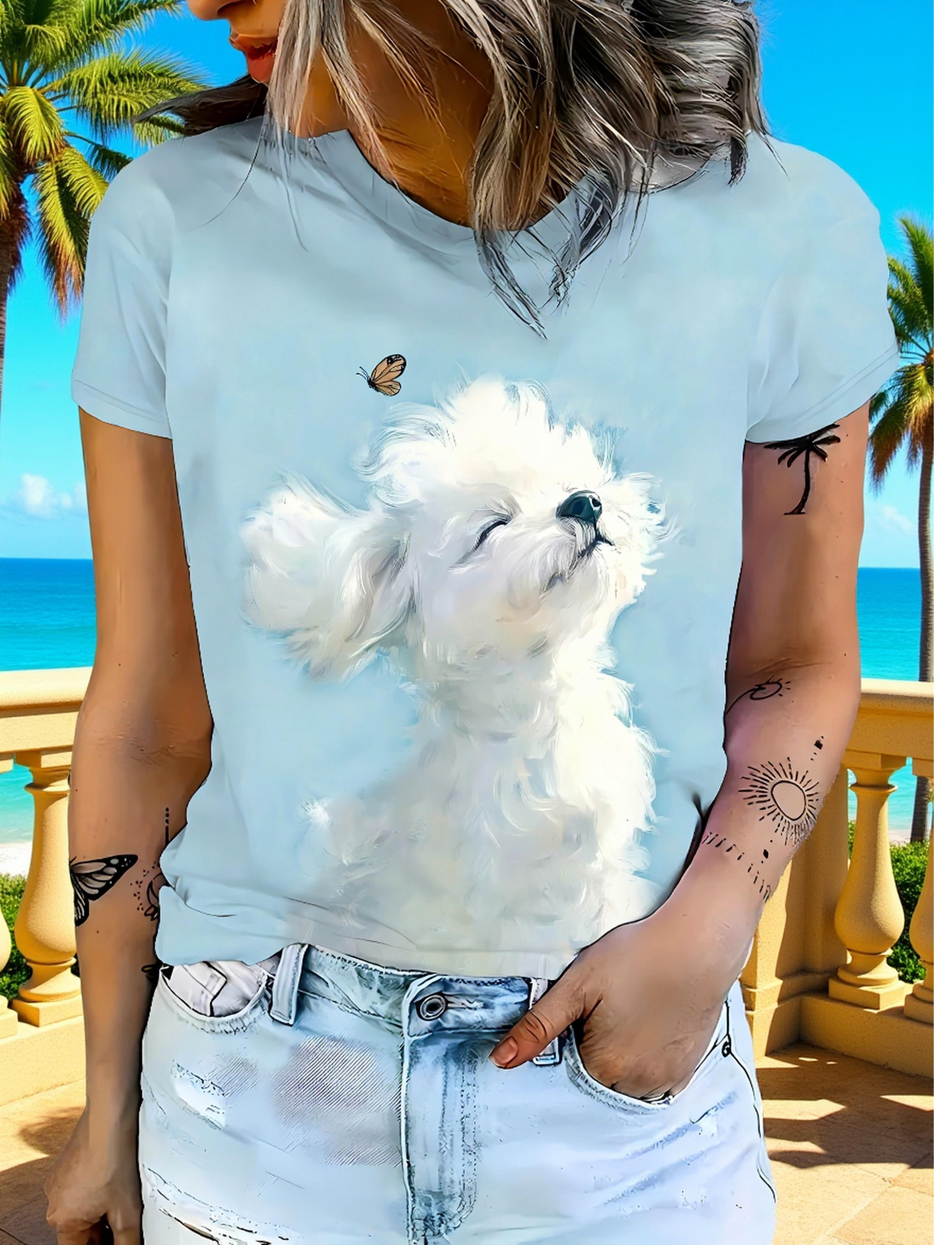

Women s Light Blue Short-Sleeve T-Shirt with Fluffy White Puppy ; Butterfly Print - Soft Casual Blouse Top. Suitable for Spring Summer Fall Casual Att S дубильная кора