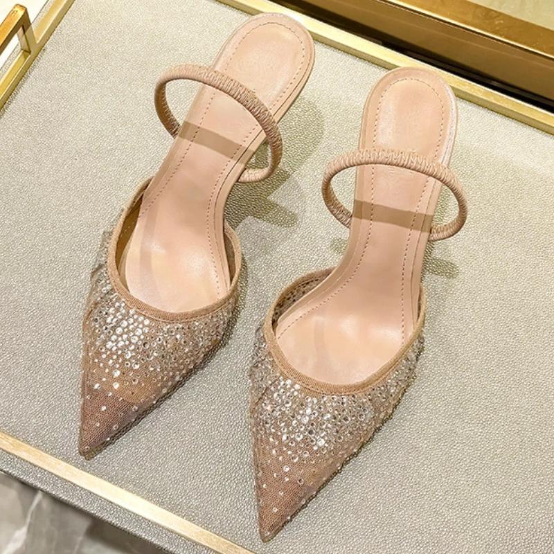TRAF Woman Shiny Pointed Toes Pumps 2024 Summer Sexy Slingbacks Sequins High Heels Female Elegant Back Strappy Bride Shoes New