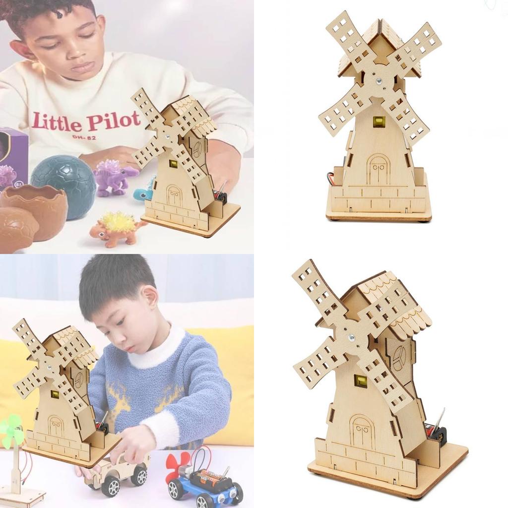 Individuell gestaltbares elektrisches Windmühlenhaus aus Holz – DIY-STEM-Lernspielzeug für Schüler
