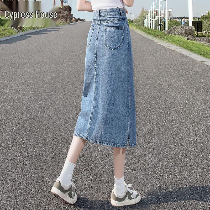 Sibo She High-Waist Washed Slit Denim Midi Skirt M