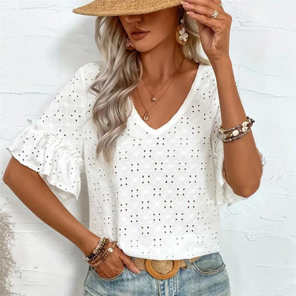 Women's Knit Embroidery Hollow Ruffle V-Neck Short Sleeve Top Women T-Shirt Women