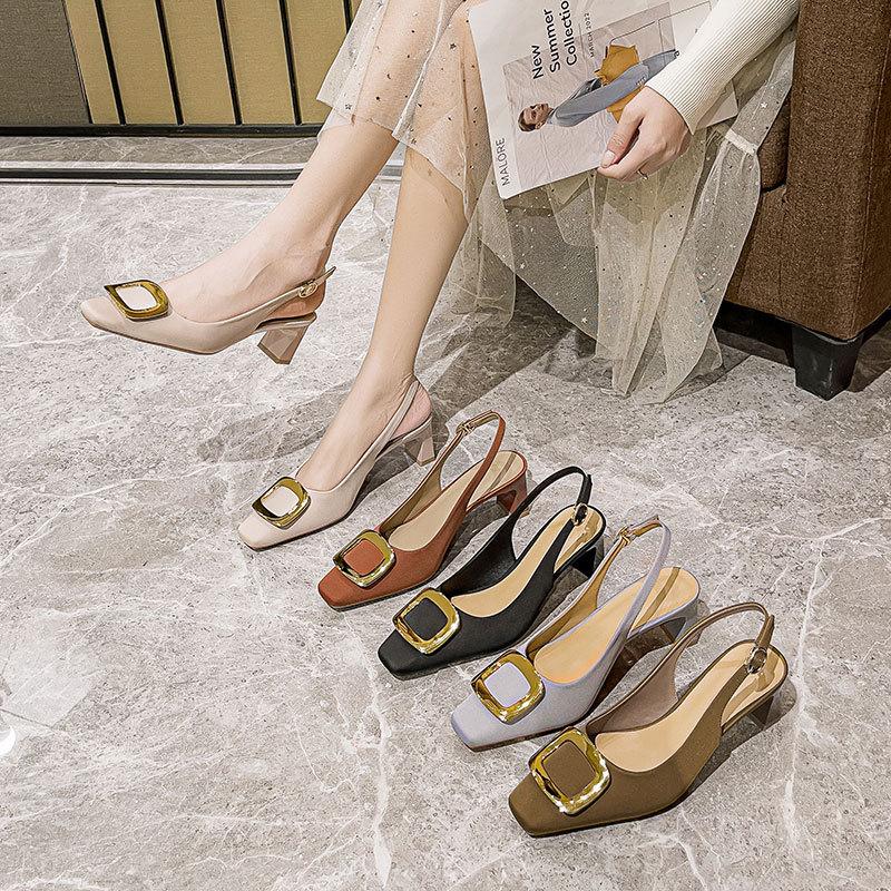 Baotou sandals medium heel year summer thick heel single shoes gentle fairy style French square head high heels