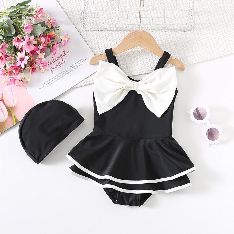 Children's Bowknot One-Piece Swimsuit & Swim Cap – Quick-Drying Dress Style for Toddler Girls