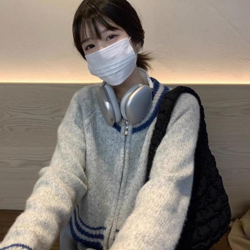 

Кардиган с круглым вырезом на молнии, контрастный вязаный свитер, женский весенне-осенний корейский клейкий свободный универсальный свитер, женское пальто