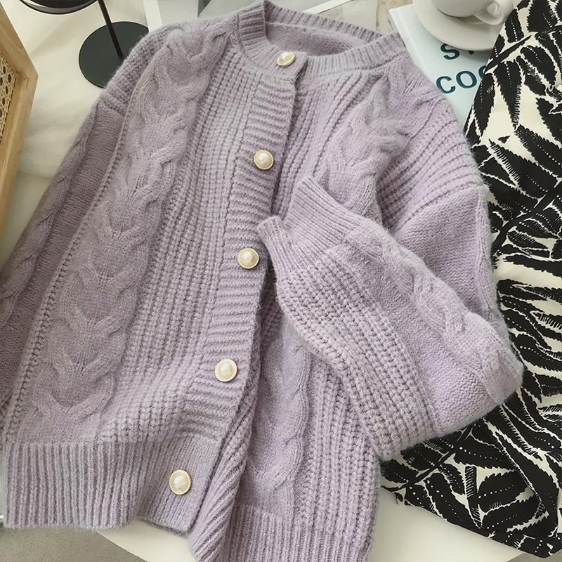 Soft waxy short twist cardigan women's autumn new round neck loose solid color knitted sweater fashion sweater jacket