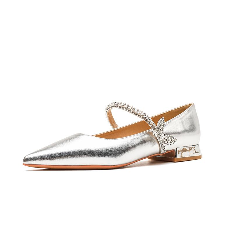 29811 [sheepskin] Thick Heel Flat Shoes Women's 2025 Pointed Rhinestone Bow Word with Mary Jane Single Shoes