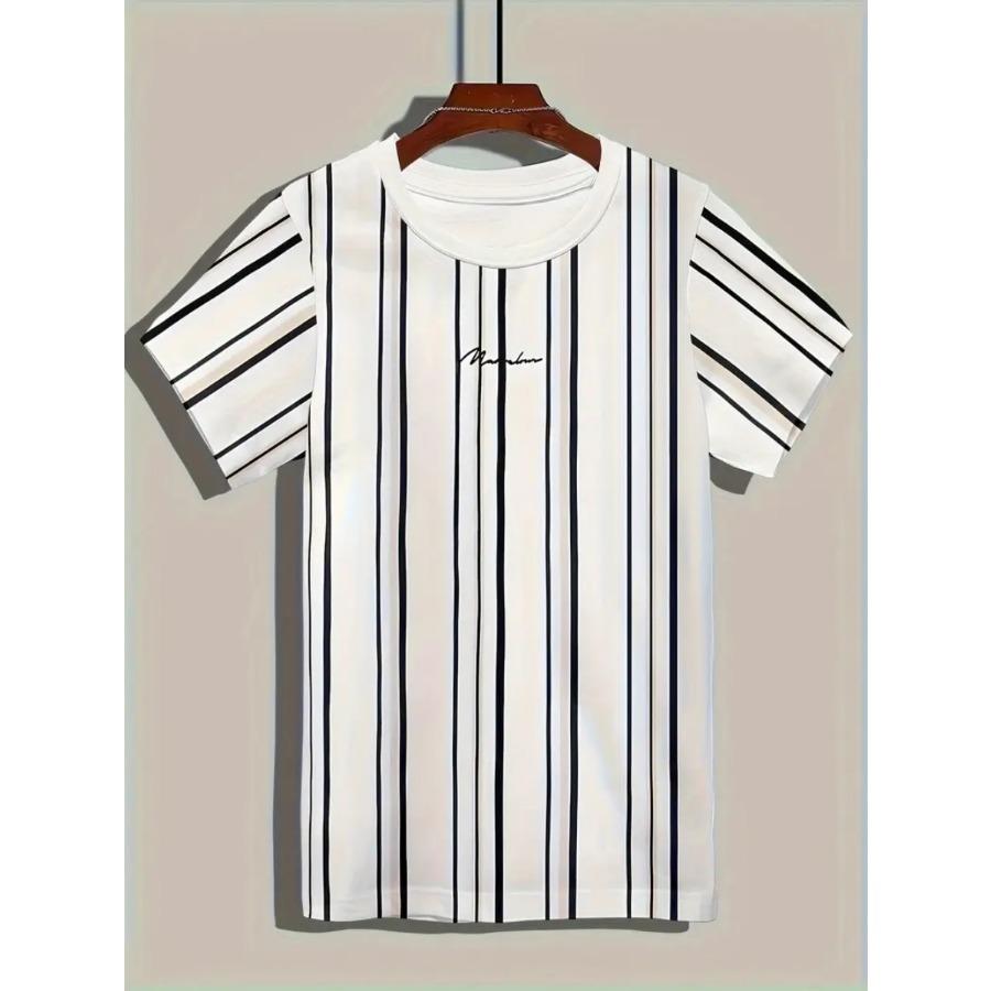 Men Letters Striped T Shirt Short Sleeve O-Neck TShirt Vintage Sport Casual Large Size T-Shirts Men’s