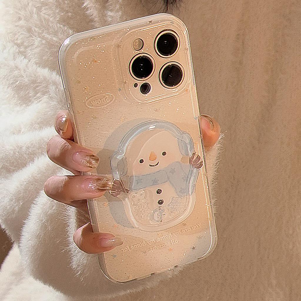 Winter Snowman Shaking Music Stand Applicable To Apple 16 Mobile Phone Case Glitter Powder Iphone15promax Hanging Chain 14 Soft