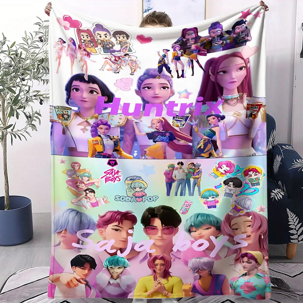K-POP Huntrix & Saja Boys Flannel Blanket Soft Warm Throw for Sofa Bed Cover Office Nap Cape Travel Camping Anime Fans Kids Gift