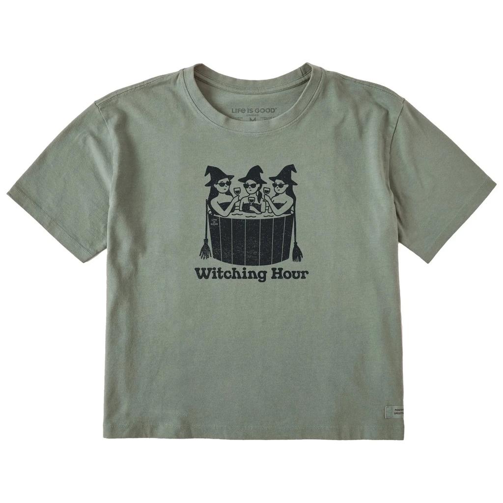 Das Leben ist gut. Damen Hexenstunde Kurzarm Crusher Boxy T-Shirt, Moosgrün