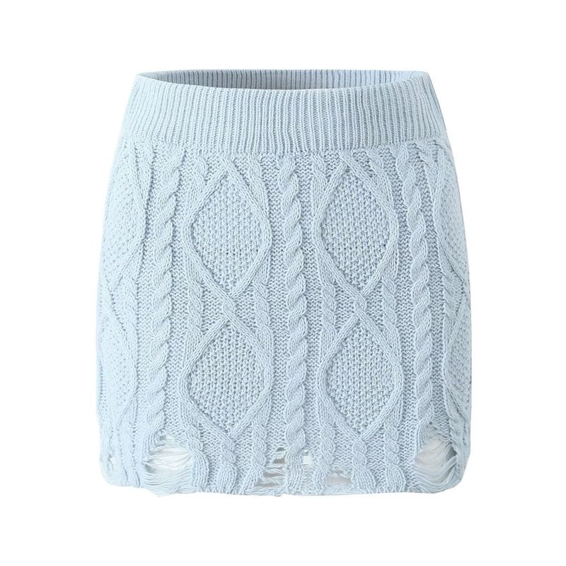 

За осень Новая женская одежда 2025 Западный стиль Продвинутый свитер крупной вязки с отверстиями + Юбка Комплект из двух предметов Light blue overskirt M