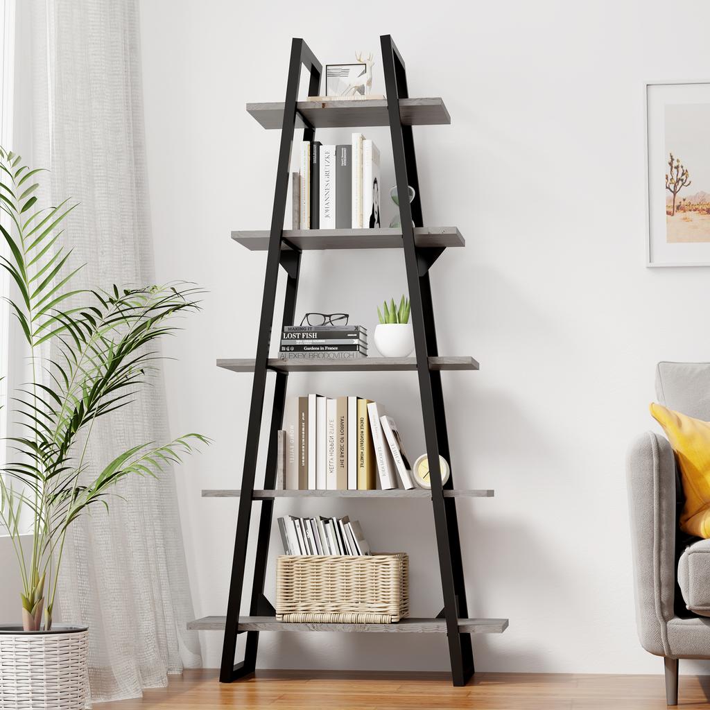 Bookshelf 5 Tier Industrial Wood, Tall Open Rustic Etagere Bookcase Ladder,Standing Display Shelves for Home Living Room Bedroom