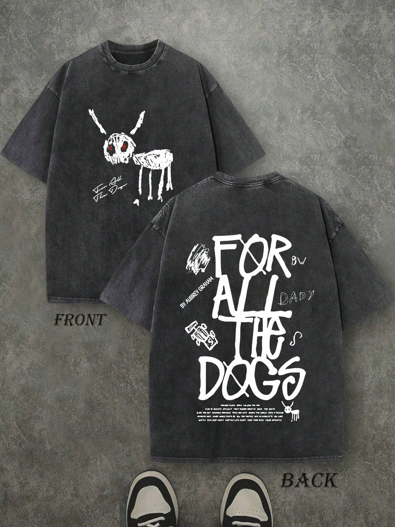 

Vintage Washed For All The Dogs Drake Album Inspired Oversized Cotton TShirt HandDrawn Grunge Dog Print Tee for Hip Hop Fans S