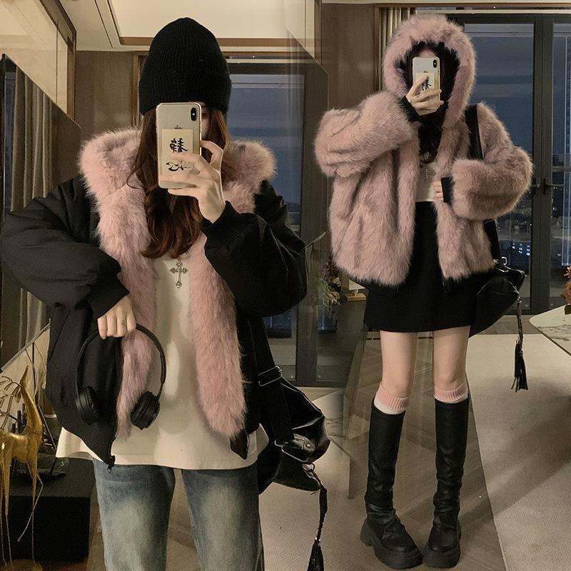 Autumn Winter Women Y2k Fur Collar Hood Thick Parkas Women's Elegant Liner Fur Loose Coat  Casual Outerwear Cotton Padded Jackets