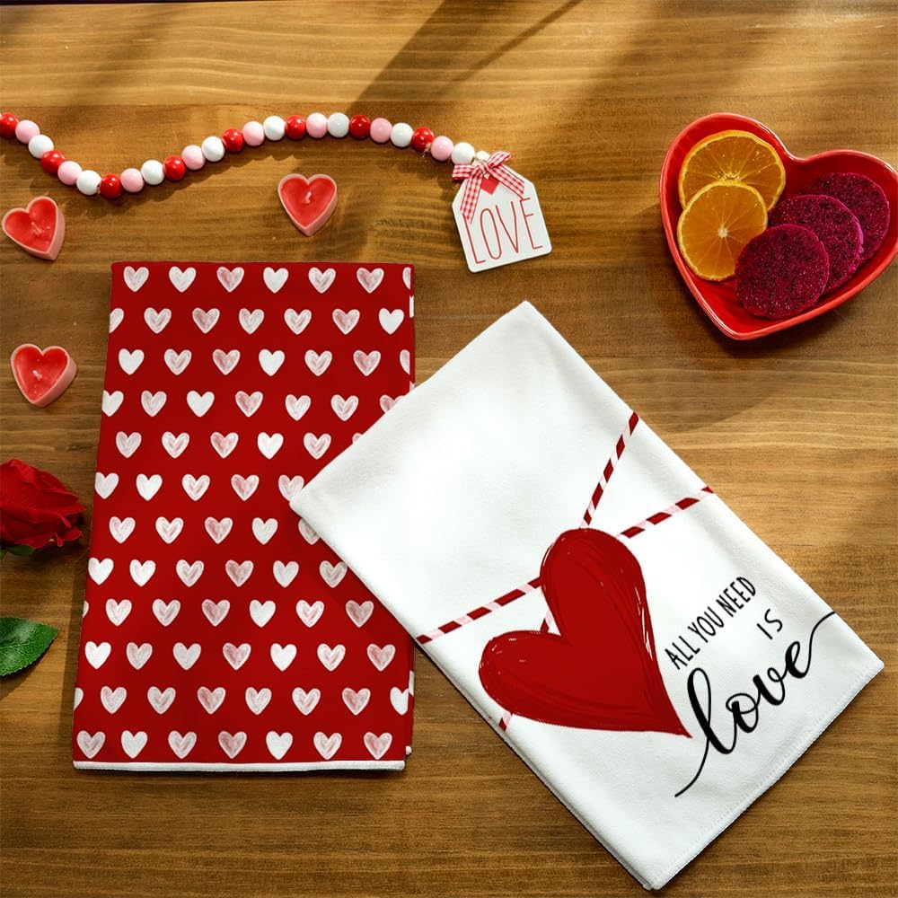ARKENY Valentines Day Kitchen Towels Set of 2,Red Heart Love Dish Towels 18x26 Inch Drying Dishcloth,Farmhouse Home Decoration AD133