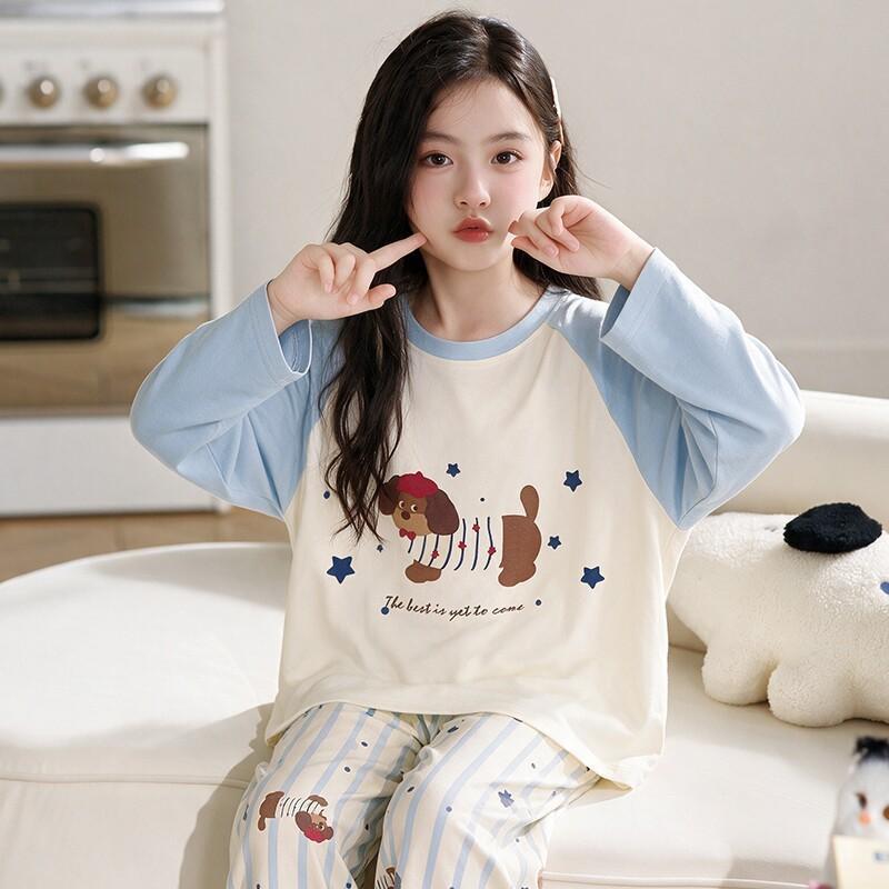 100% Cotton Girls Long Sleeve Pajamas Set Cartoon Print Round Neck Sleepwear Kids 8 Years