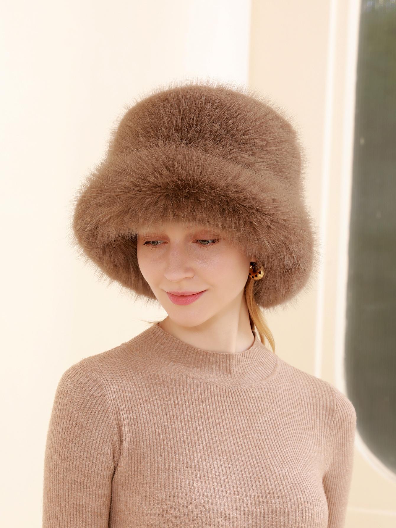 

Осень и зима Новая шапка-горшок с большими карнизами и мехом Теплая женская шапка Утолщенный искусственный мех Лиса Шапка рыбака 56-58cm коричневый