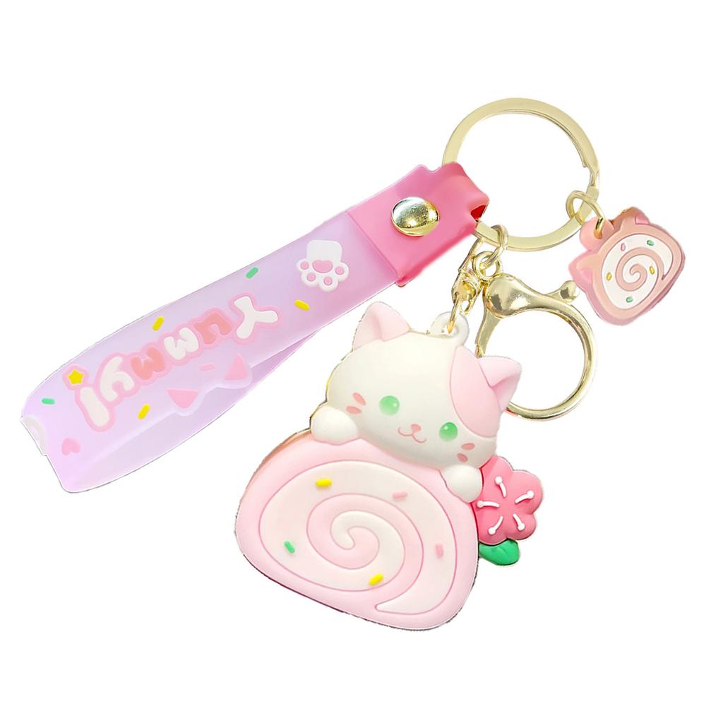 Cartoon Cat Cake Roll Keychain Jewelry Chic Cat Cake Roll Pendant Keyrings Phone Lanyard Key Chain Charm for Bag Purse