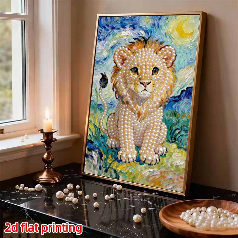 DIY Frameless Pearl Painting Kit Lion King 3D Shiny Bead Art Canvas Relaxing Creative Craft for Home Wall Decor Gift
