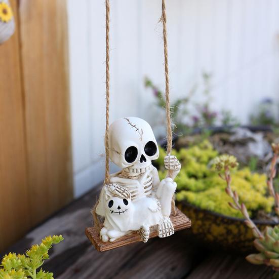 Skeleton And Ghost Cat Figurine Halloween Swing Skeleton Ornament Gothic Hanging Decoration for Car Rearview Mirror Home Halloween Party Decor